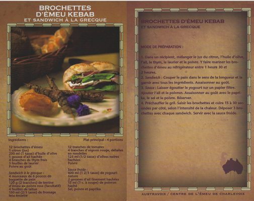 Brochettes d’émeu Kebab et sandwich à la Grecque.